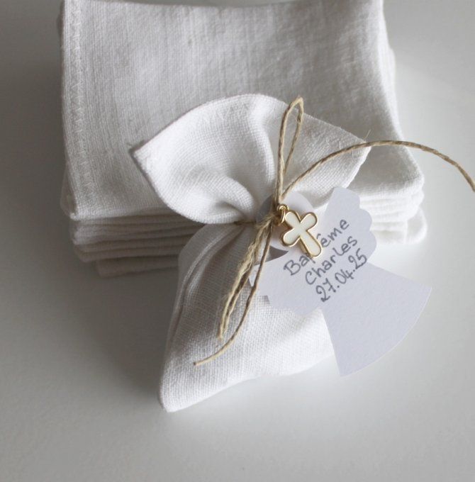 Pochons dragées blanc baptême communion lin ancien