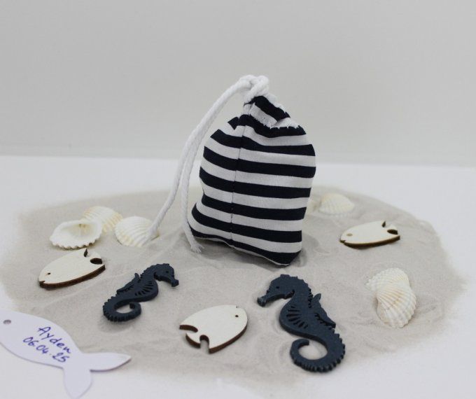 pochon sachet dragées marin rayé bleu marine blanc 