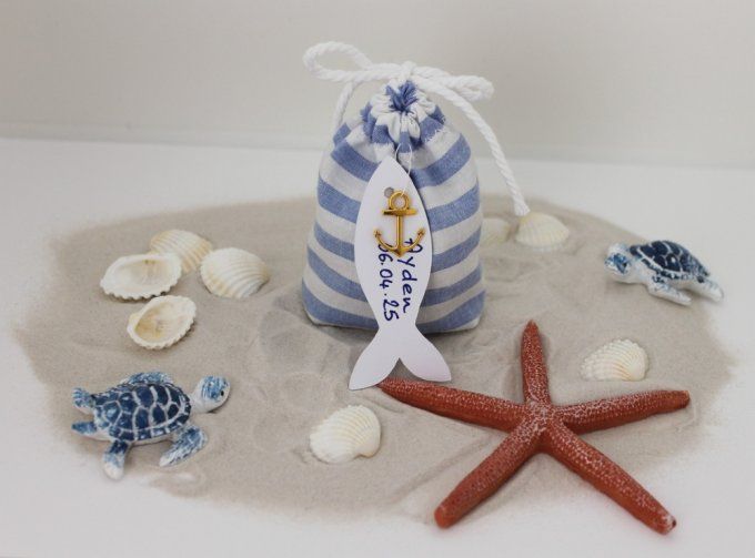 pochon sachet dragées marin rayé bleu blanc tissu upcyclé