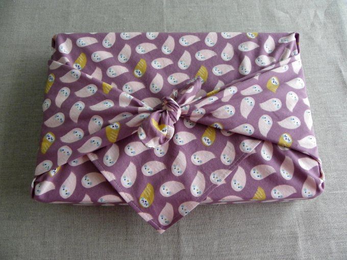 furoshiki emballage cadeau réutilisable mauve rose petites chouettes oeko tex 65x65 cm