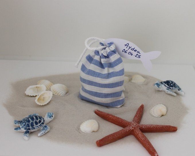 pochon sachet dragées marin rayé bleu blanc tissu upcyclé