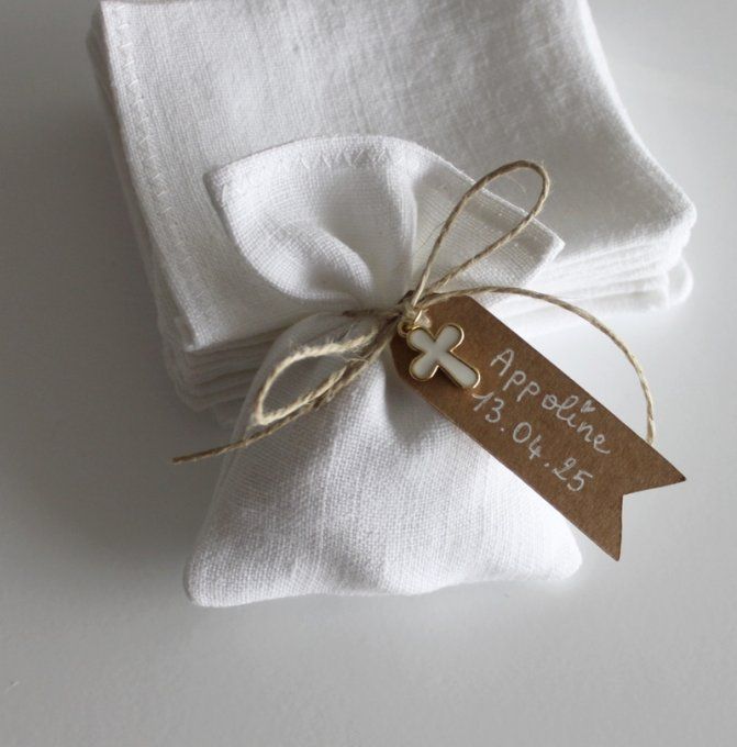 Pochons dragées blanc baptême communion lin ancien
