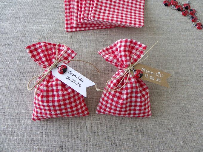 sachet ballotin sac pochon dragées vichy rouge blanc coccinelle tissu coton recyclé