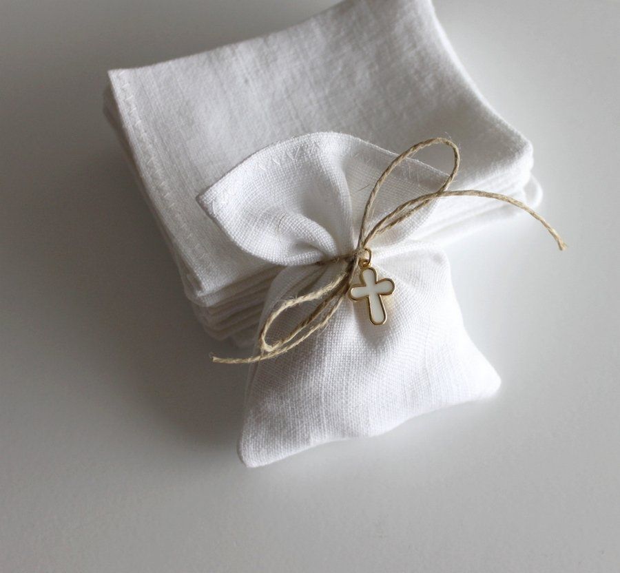 Pochons dragées blanc baptême communion lin ancien