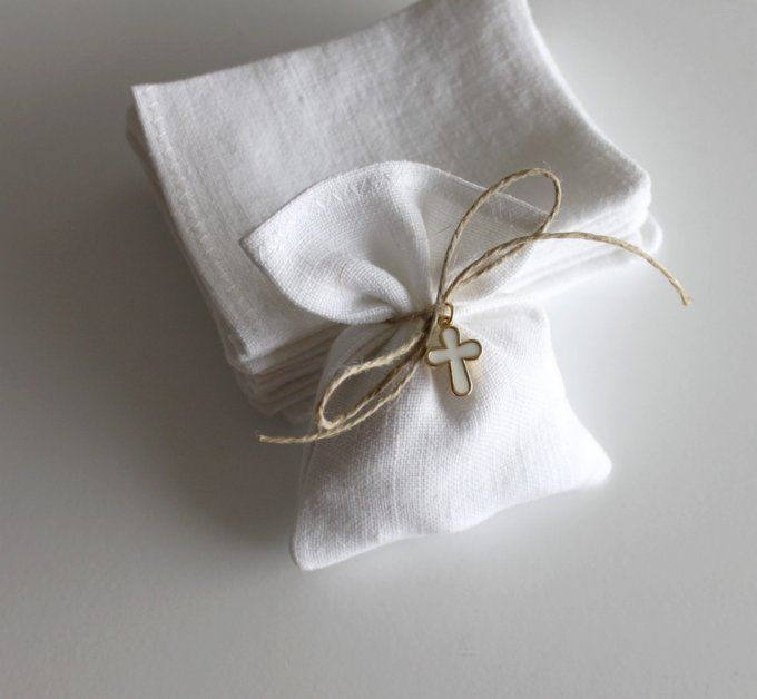 Pochons dragées blanc baptême communion lin ancien