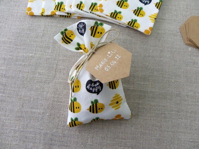 sachets pochons sacs dragées abeilles baptême anniversaire thème nature blanc noir jaune coton bio