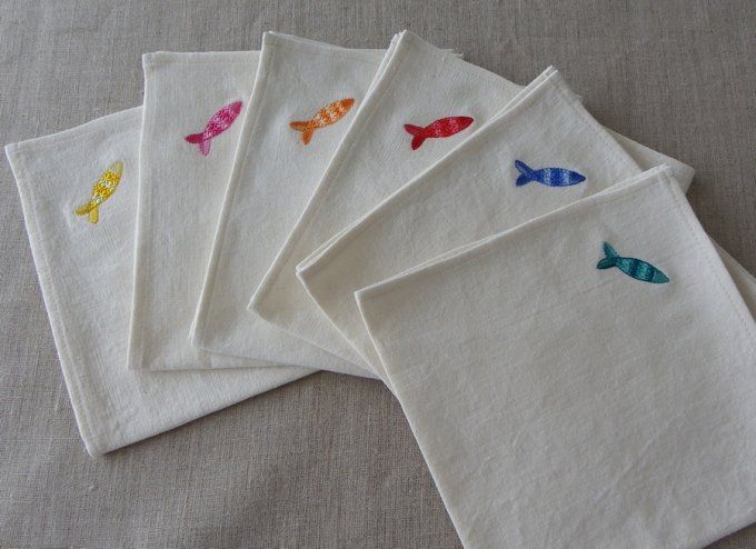 6 serviette de table 40x40 écru naturel broderie poisson