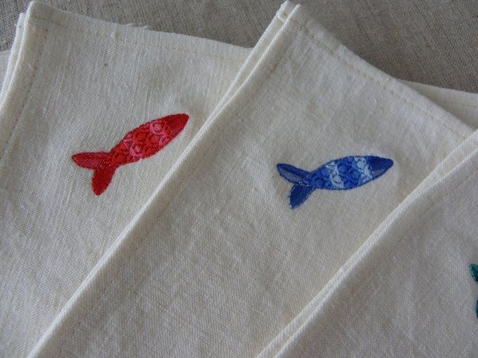 6 serviette de table 40x40 écru naturel broderie poisson