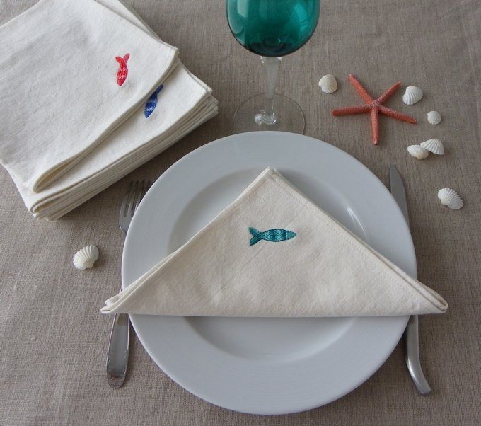 6 serviette de table 40x40 écru naturel broderie poisson